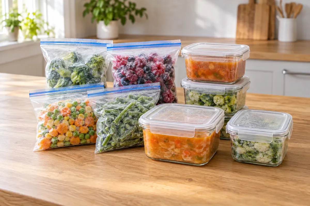 Verschlossene Gefrierbeutel und Behälter mit gefrorenem Gemüse, Obst und Suppe