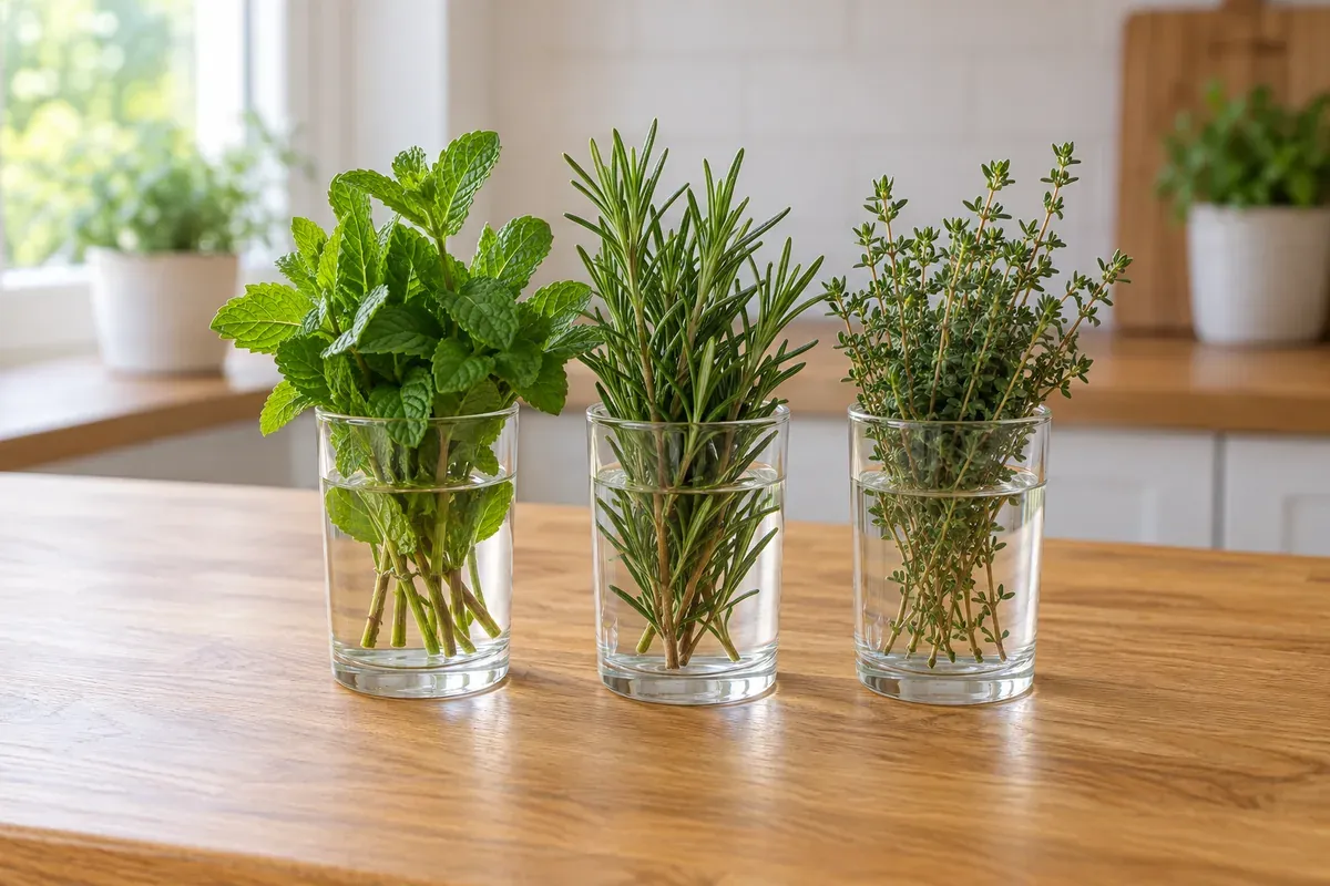Bunches of mint, rosemary, and thyme in glasses of water on a counter