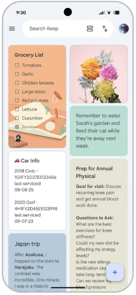 「Grocery List」のチェックリストが他のメモと並ぶ、Google Keepのホームのグリッド