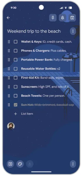 アイテムが入力順に並ぶGoogle Keepのチェックリスト「Weekend trip to the beach」
