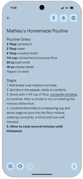 レシピ「Mathieu's Homemade Poutine」がテキストで書かれたGoogle Keepのメモ