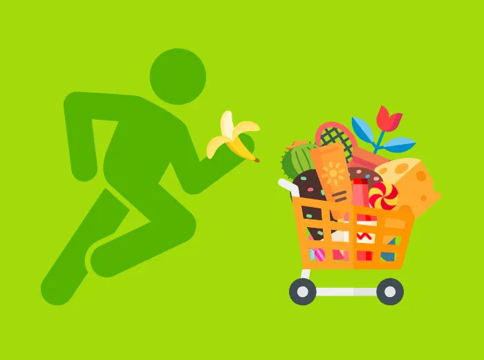 A running figure with a banana beside a trolley piled with fruit and vegetables