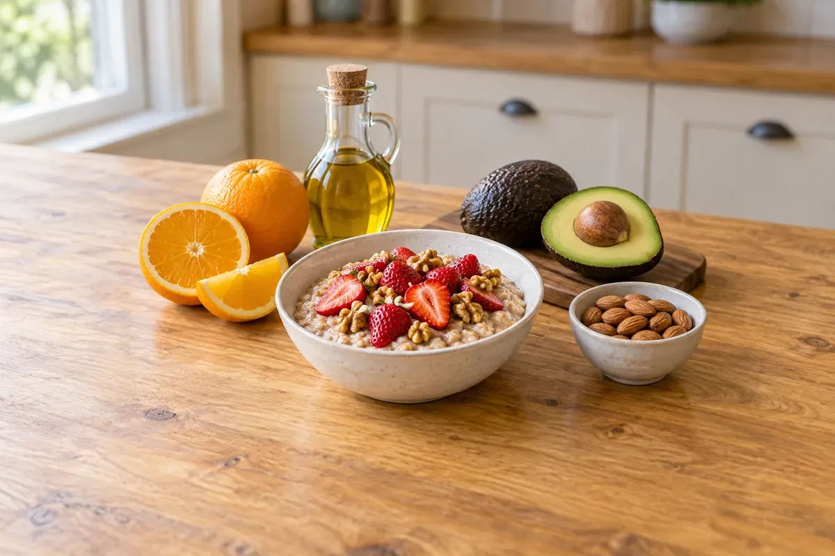 Havregrød med jordbær og valnødder, avocadoer, appelsiner, olivenolie og mandler