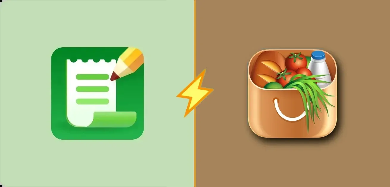 Iconos de Listonic y Buy Me a Pie! uno al lado del otro, separados por un rayo