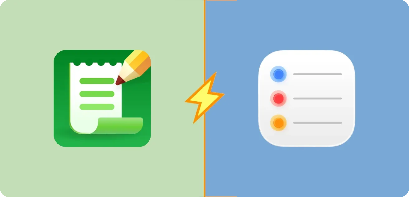 Iconos de Listonic y Reminders uno al lado del otro, separados por un rayo