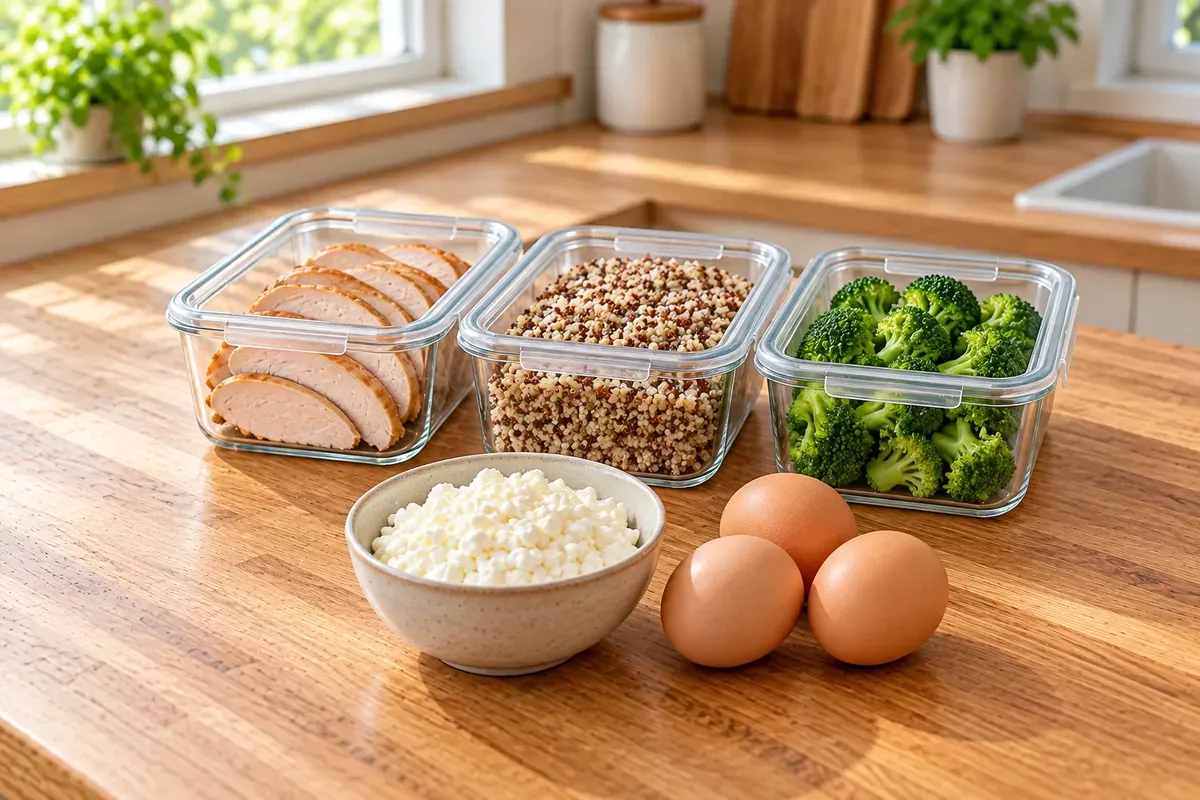 Mealprep-bokse med kalkun, quinoa og broccoli, hytteost og æg