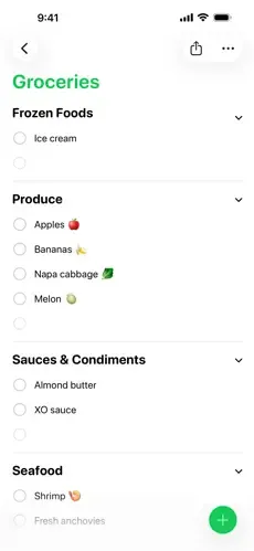 「Produce」や「Seafood」などのセクションに自動でまとまったRemindersの買い物リスト