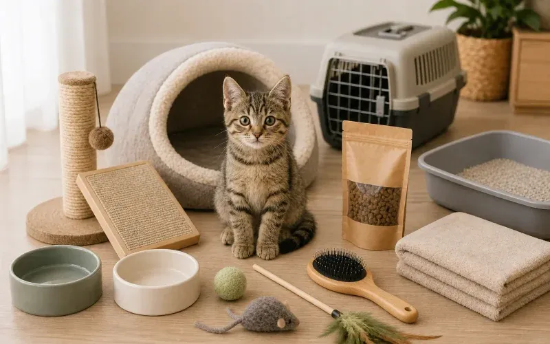 A photo illustrating a starter kit checklist for a cat or kitten