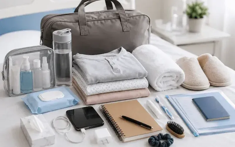 A photo illustrating a packing checklist for a hospital stay