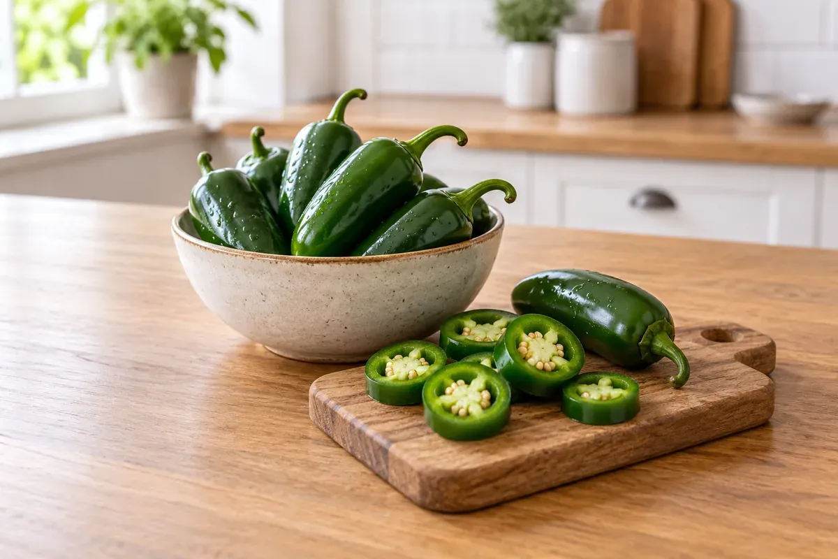 Grüne Jalapeños in einer Schüssel, einige als Ringe auf einem Brett