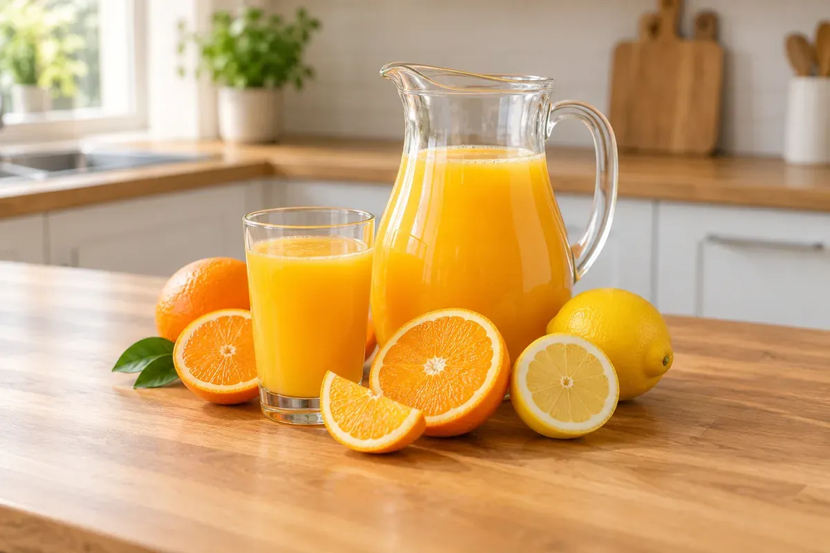 A pitcher and glass of orange juice beside cut oranges and lemons