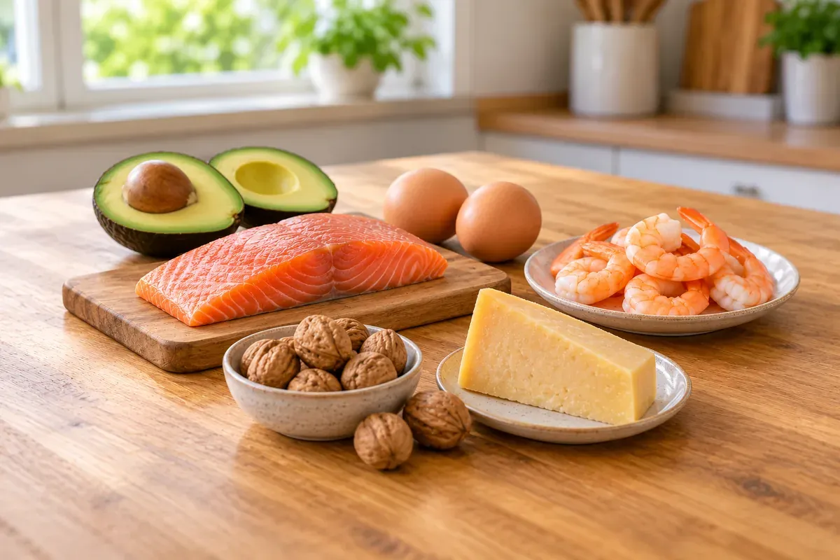 Avocado, æg, laks, rejer, hård ost og valnødder på en bordplade