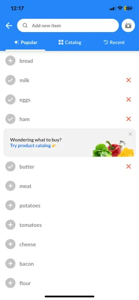Listonic’s add-item screen suggesting bread, milk, eggs, ham and butter