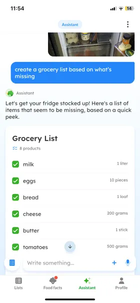 Listonic's assistant reading a fridge photo and listing 8 missing products
