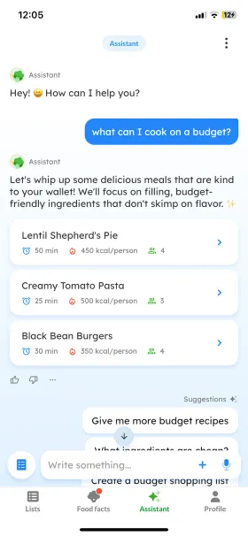 Listonic's assistant answering a budget cooking question with 3 recipe cards