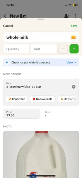Listonic’s item details for whole milk with a note, a $3.66 price and a photo
