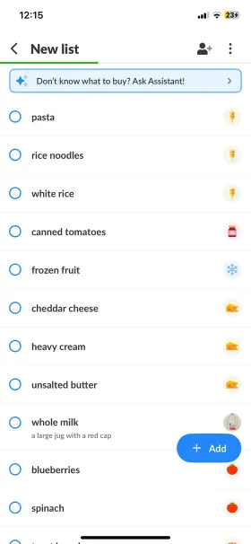 A Listonic list auto-sorted into categories, with a note under “whole milk”