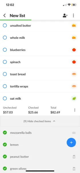 Lista zakupów w Listonicu z cenami produktów i sumą 82,69 USD