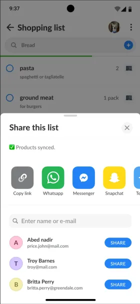 Okno „Share this list” w Listonicu z przyciskami Copy link, WhatsApp i innymi