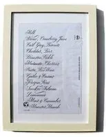 A calligraphy shopping list framed behind glass, written in fine script