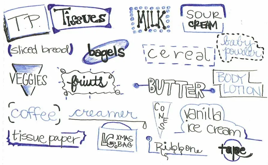A handwritten shopping list, each item in a different decorative lettering style