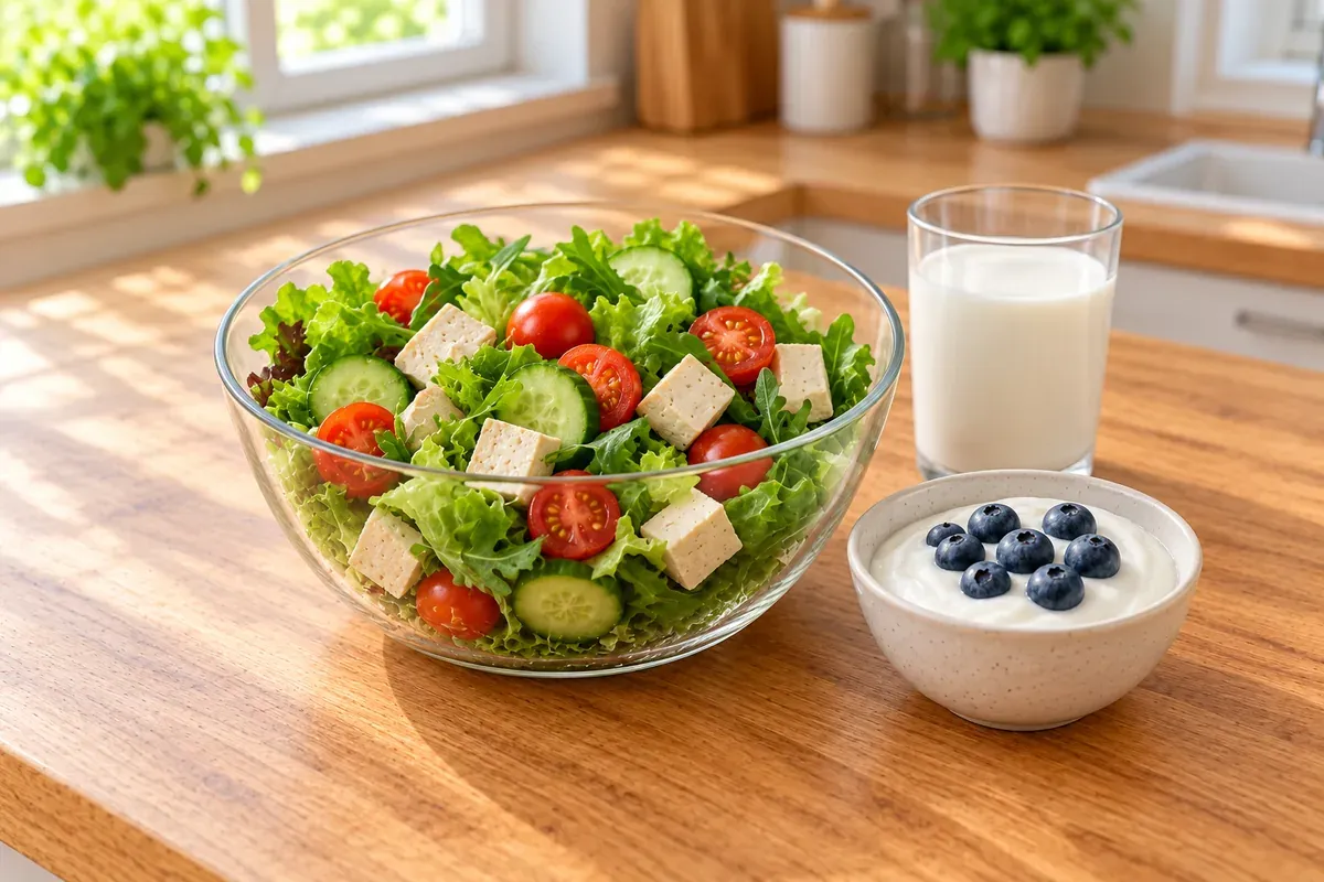 Salat med tofu i en glasskål, skummetmælk og græsk yoghurt med bær