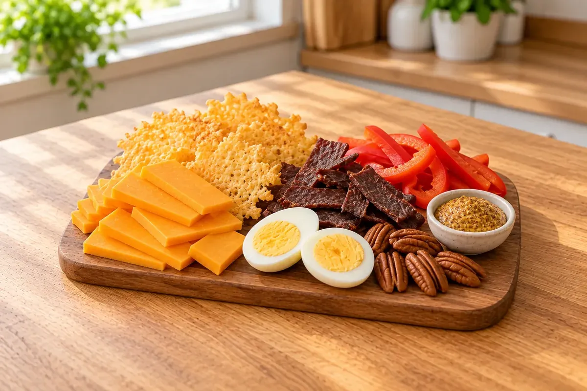 Snackbræt med cheddar, parmesanchips, oksetørkød, æg og pekannødder