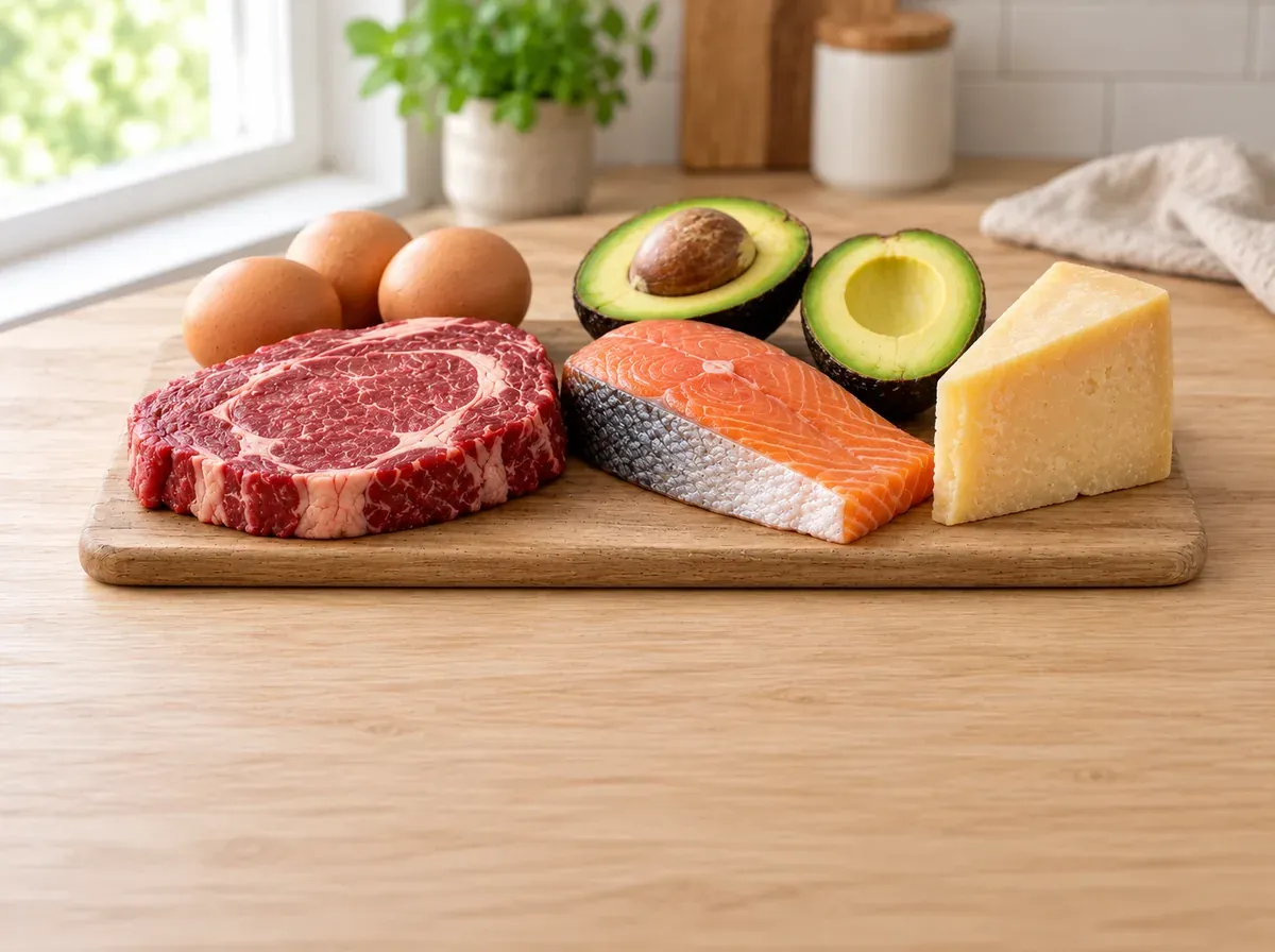 Marhasteak, lazac, tojás, avokádó és kemény sajt egy fadeszkán