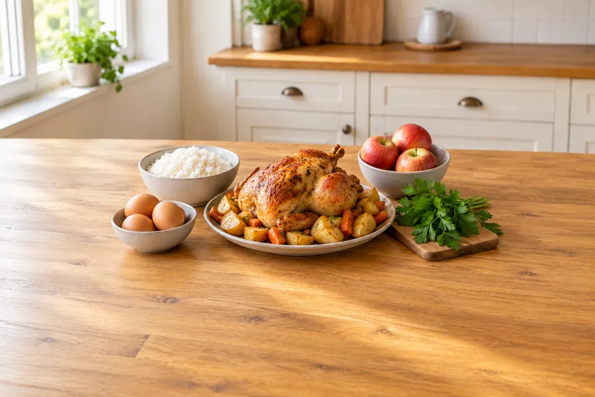 Stegt kylling med kartofler og gulerødder, friske æbler, ris, æg og persille