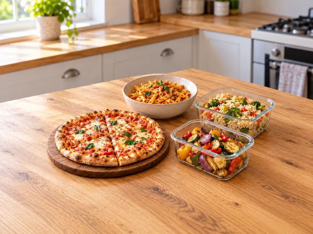 Pizza na desce, miska makaronu i szklane pojemniki z resztkami jedzenia