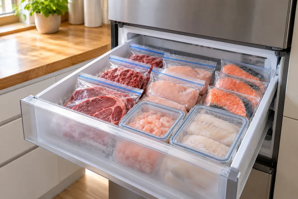Offene Gefrierschublade mit Fleisch, Geflügel und Fisch in Beuteln und Boxen