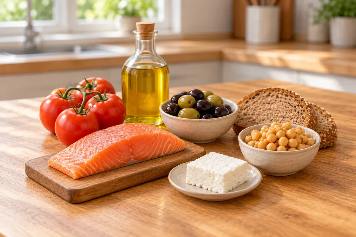 Olivenolie, tomater, oliven, laks, fuldkornsbrød, kikærter og feta