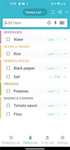 Pantry List w Out of Milk według kategorii, ze stanem zapasu Low lub Full