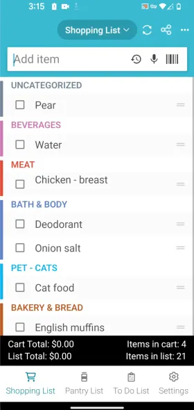 Lista zakupów w Out of Milk z kategoriami w kolorach i sumami