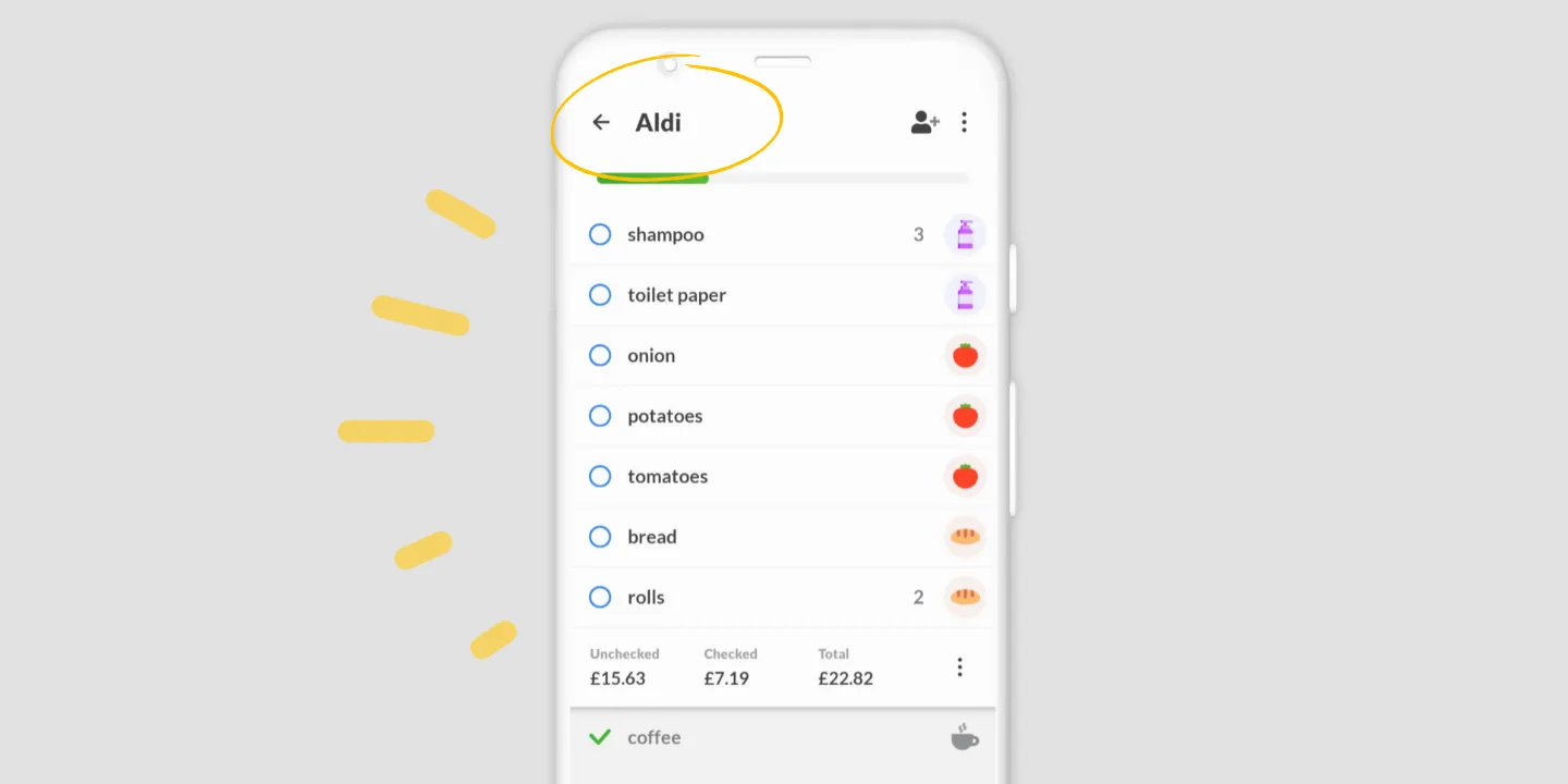 Uma lista do Listonic para o Aldi aberta direto nos produtos
