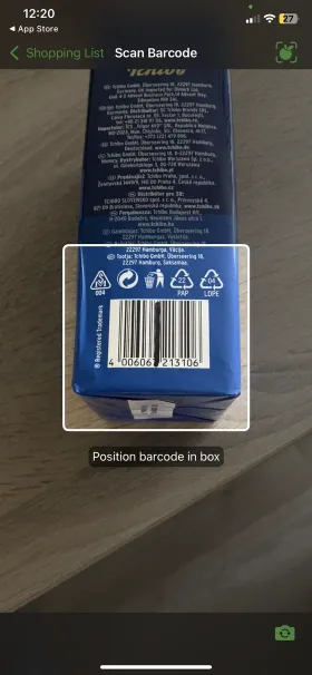 OurGroceries' Scan Barcode screen framing the barcode on a Tchibo coffee pack
