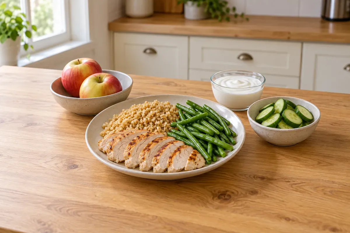 Kalkunbryst med bulgur og grønne bønner, æbler, fedtfri yoghurt og agurker
