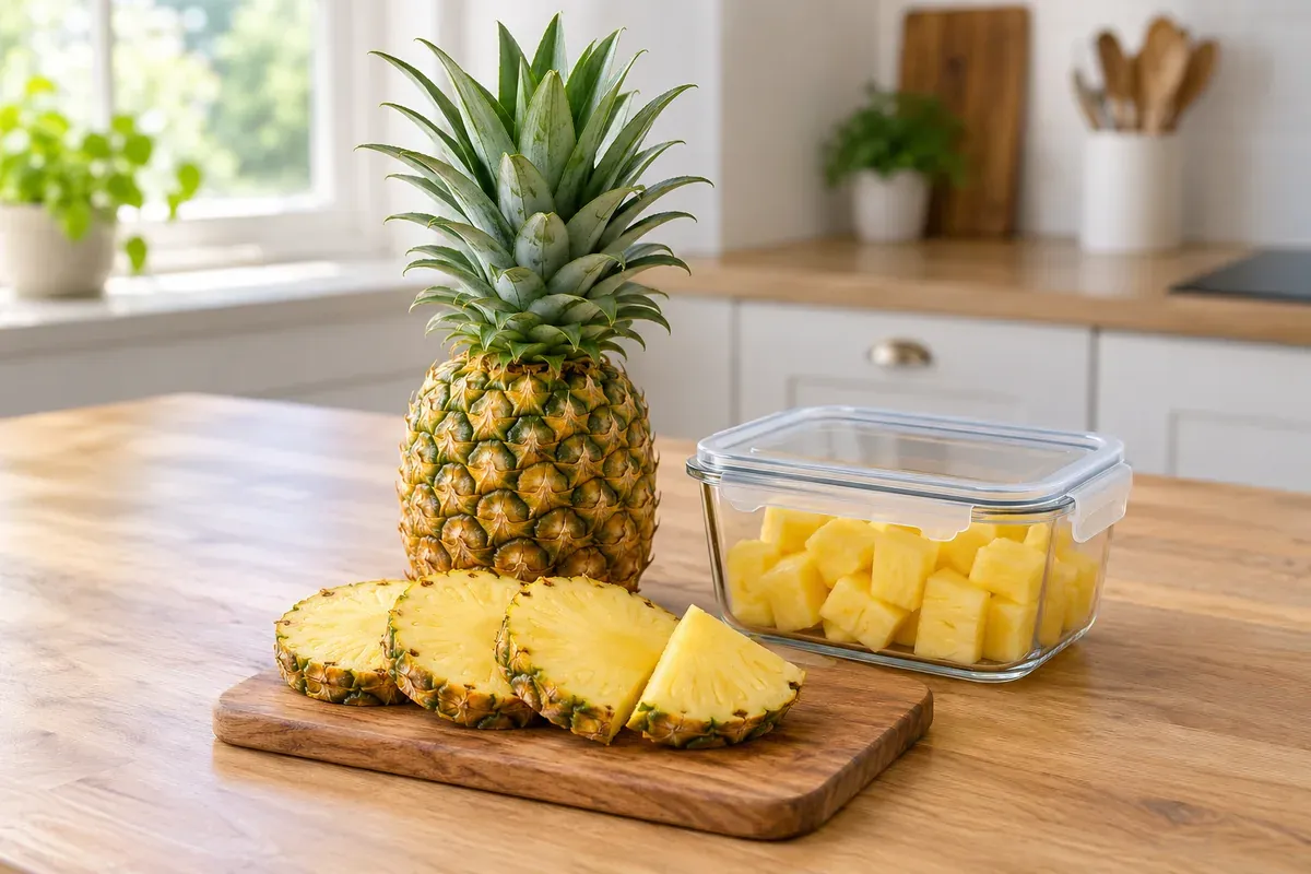 Cały ananas i plastry na desce obok pojemnika z kawałkami ananasa