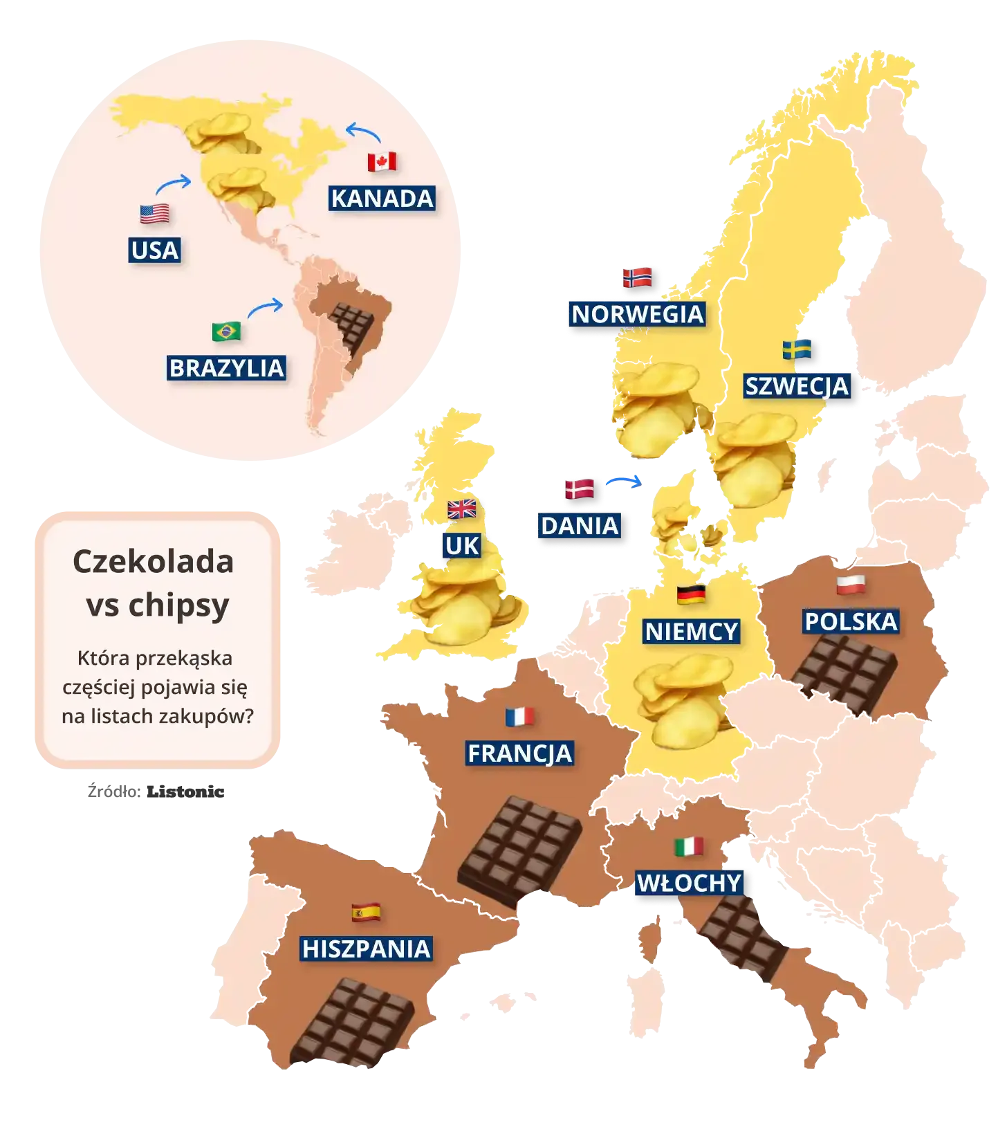 Mapa: czekolada wygrywa z chipsami m.in. w Polsce i Francji, chipsy w Niemczech