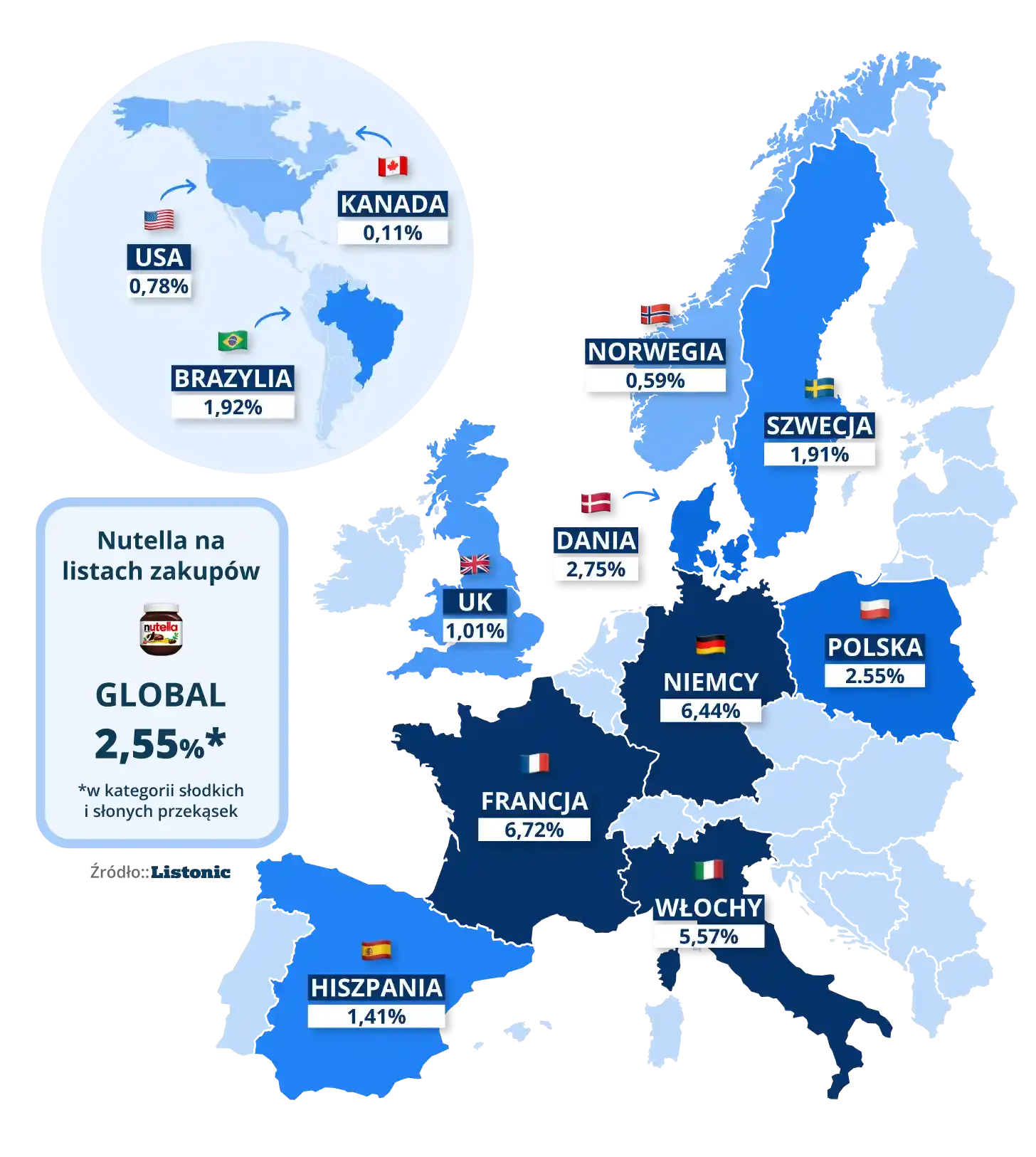 Mapa: najwięcej Nutelli na listach ma Francja (6,72%); średnia 2,55%
