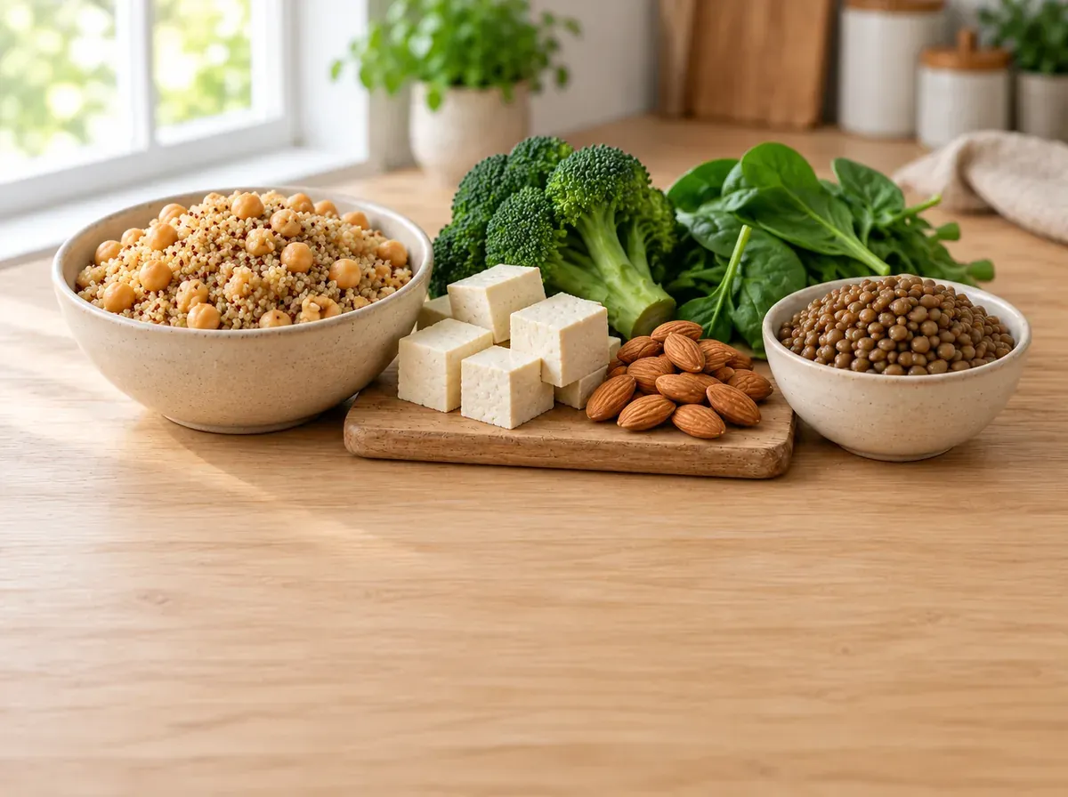 Quinoa csicseriborsóval, tofu, lencse, spenót, brokkoli és mandula