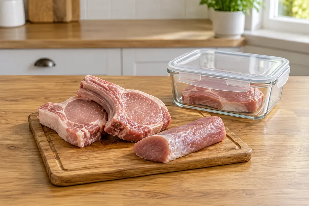Rohe Koteletts mit Knochen und Schweinefilet auf einem Brett neben einer Dose