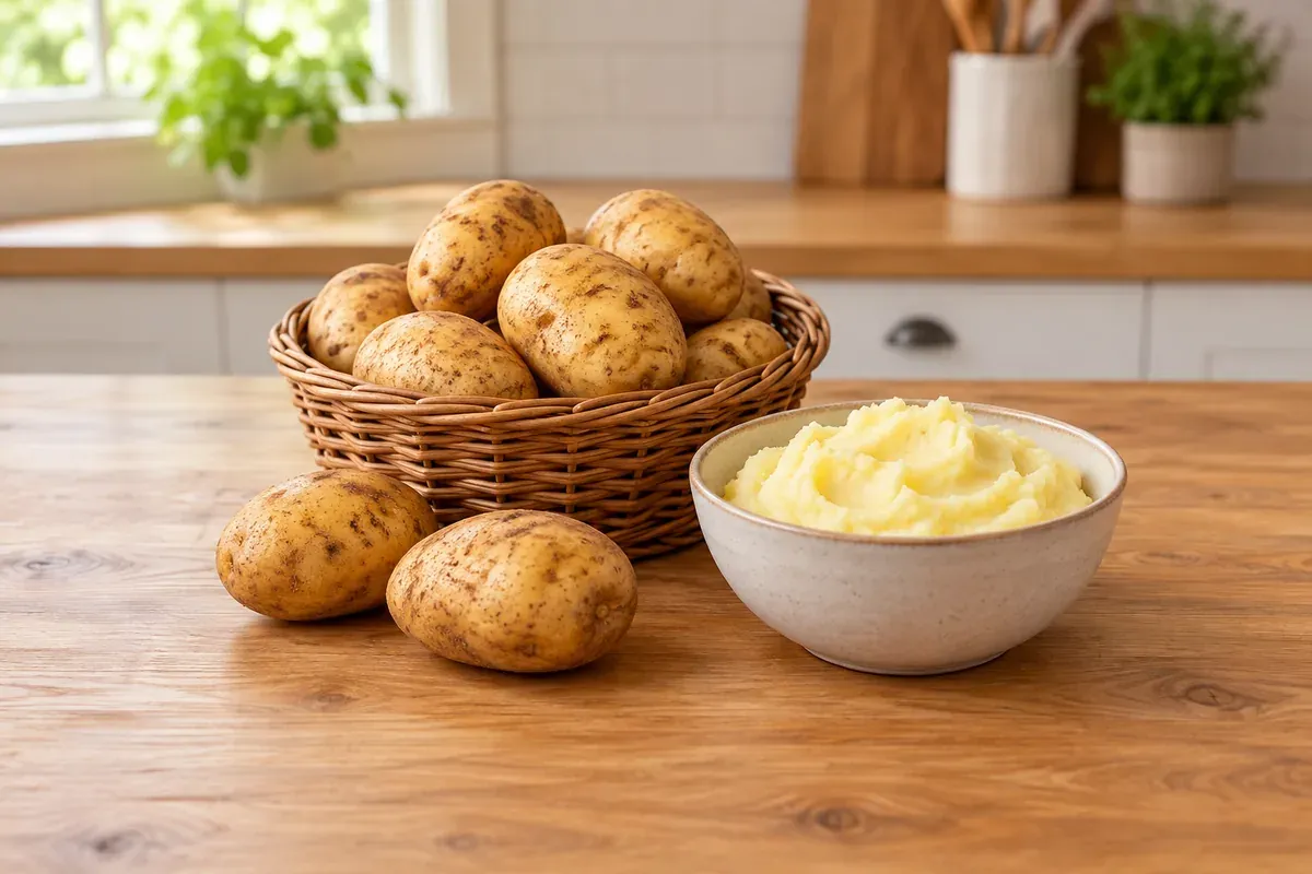 Ganze Kartoffeln in einem Weidenkorb neben einer Schüssel Kartoffelpüree