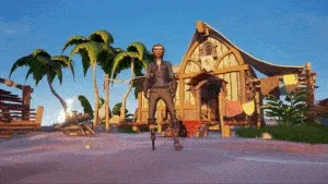 A video game pirate on a tropical beach cycles through different outfits