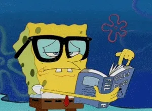 A yellow cartoon sponge in thick glasses flips rapidly through a field guide