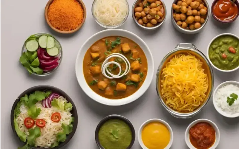 Small bowls of ingredients and dishes for the free Indian meal plan, from above