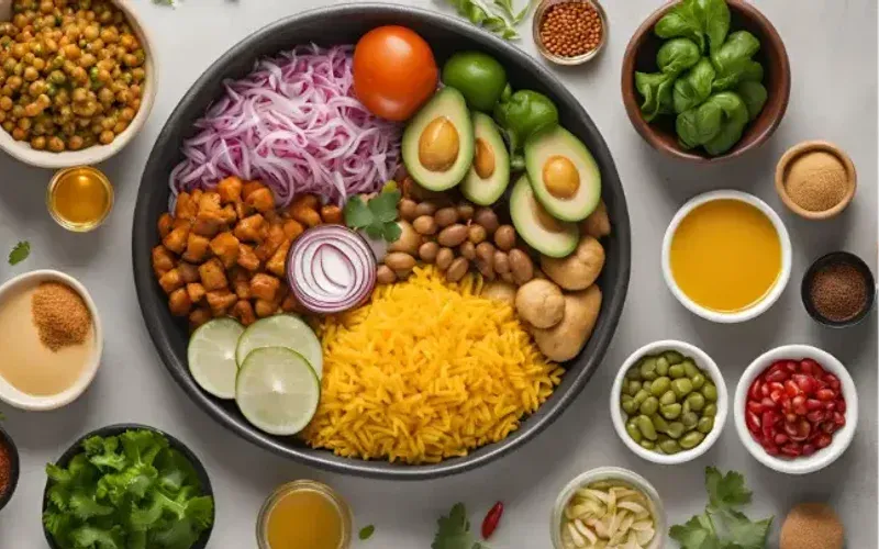 Small bowls of ingredients and dishes for the one-person Indian meal plan