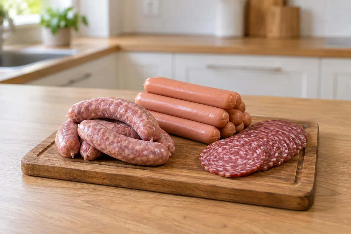 Rohe Würste, Hot Dogs und Salamischeiben auf einem Holzbrett