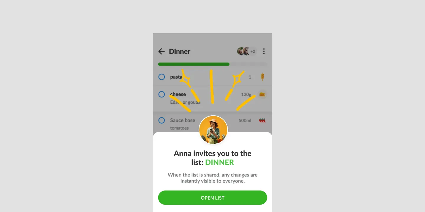 Listonic-lijst Diner met Anna’s uitnodiging om de gedeelde lijst te openen