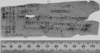 A thin wooden Roman writing tablet with faded ink text beside a millimetre ruler